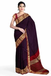 Maheshwari Nakshi Border Silk by Cotton Plain Golden Zari Border Saree